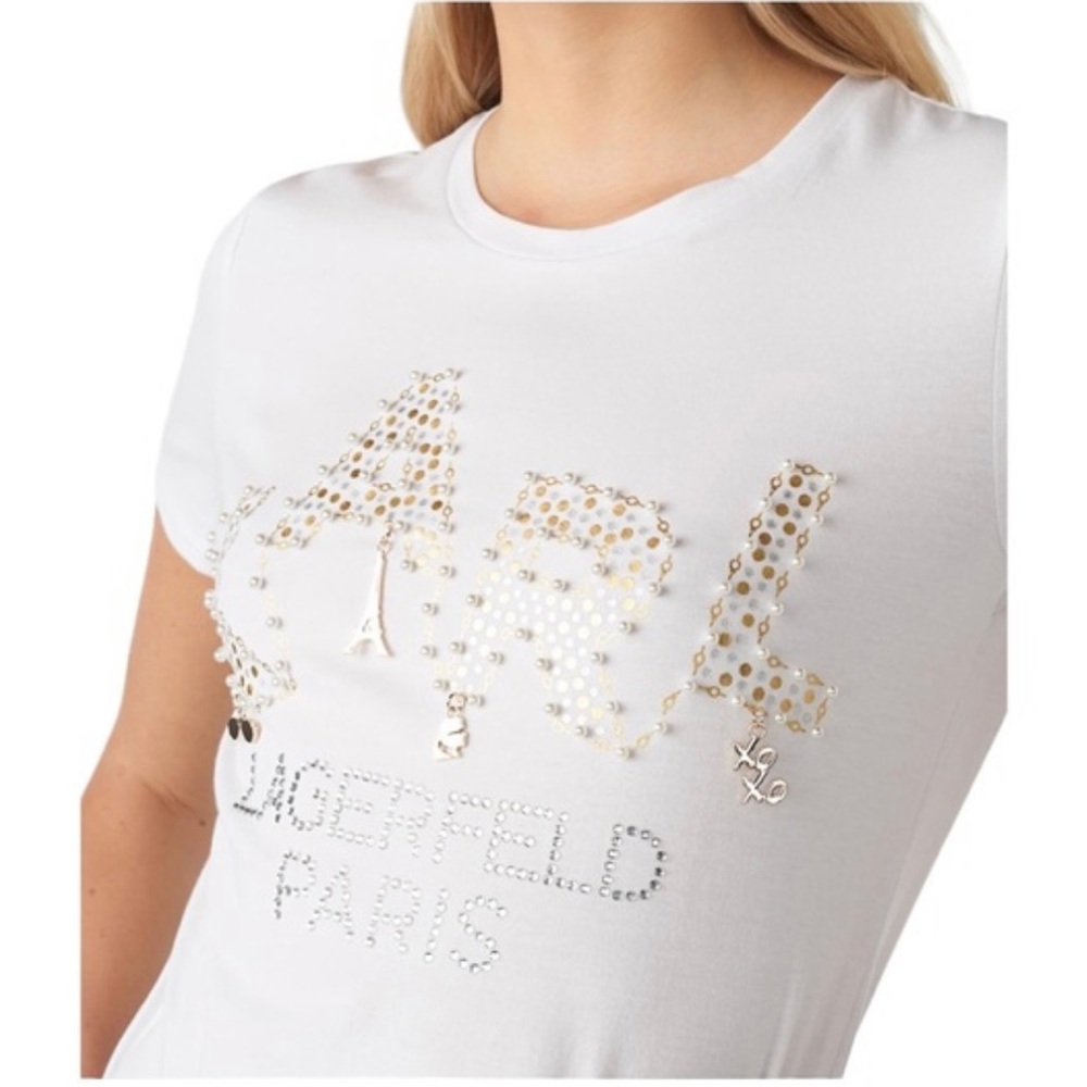 NWTT Karl Lagerfeld white tshirt with pearl beads, very feminine !